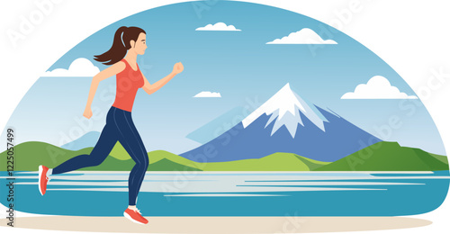Vector illustration of a female athlete running a marathon against a nature background with mountains