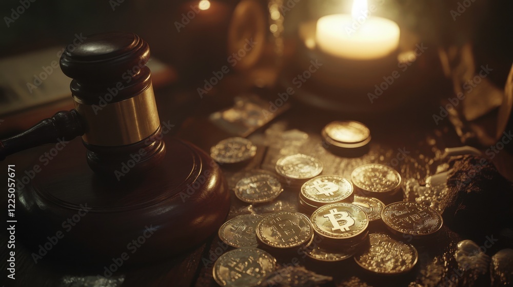 Gavel and Cryptocurrency Coins with Candlelight in Dark Setting Gavel and Cryptocurrency Coins with Candlelight in Dark Setting