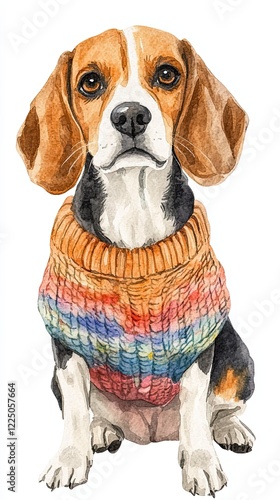 Watercolor Beagle in a Colorful Sweater - Adorable Pet Portrait photo