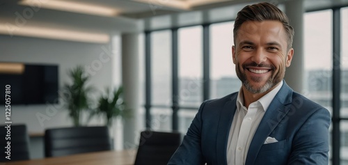A headshot of a successful entrepreneur in a sleek office, confidently posing in formal attire with a bright smile