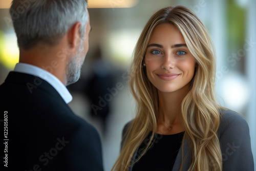 Wallpaper Mural Happy young beautiful businesswoman having a conversation with a businessman in a modern office, showcasing collaboration and success. Generative AI Torontodigital.ca