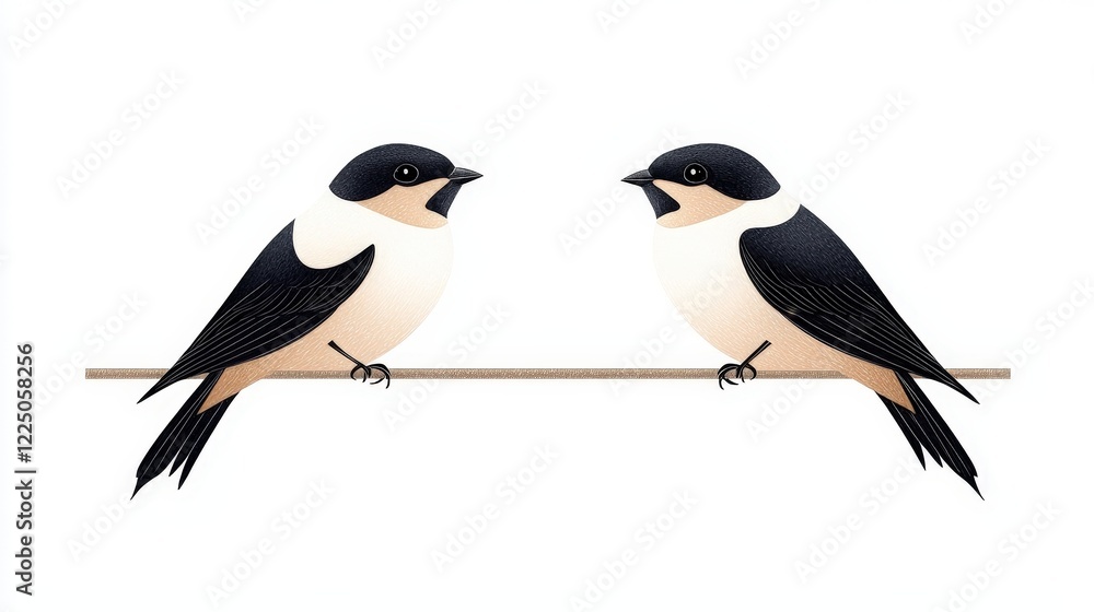 Obraz premium Pair of Colorful Swallows Perched on a Thin Branch Illustrating Nature and Wildlife Beauty