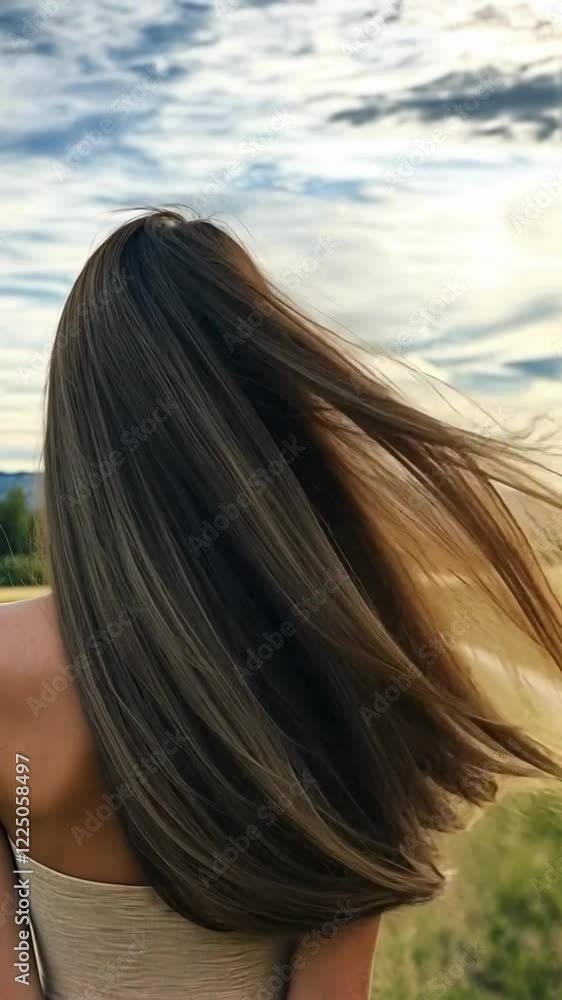 vertical vide, back view of woman with silky hair, outdoor in field vertical vide, back view of woman with silky hair, outdoor in field