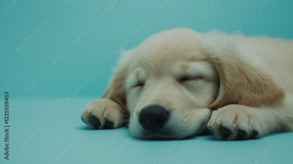 A golden retriever puppy lying down with its head resting on its paws, eyes closed in a tranquil pose, surrounded by a pastel blue background A golden retriever puppy lying down with its head resting on its paws, eyes closed in a tranquil pose, surrounded by a pastel blue background