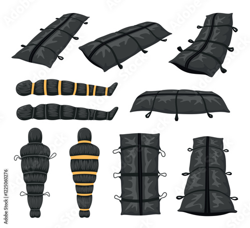 Body bag coverage for die human person different shape set isometric vector illustration