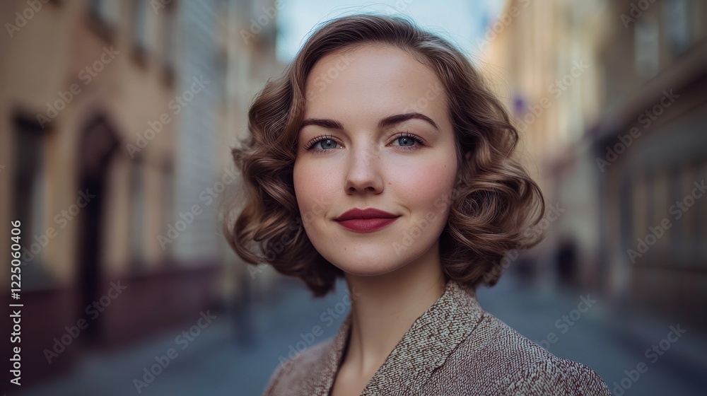Obraz premium Vintage Portrait of a Czech Woman with Soft Waves in Urban Setting