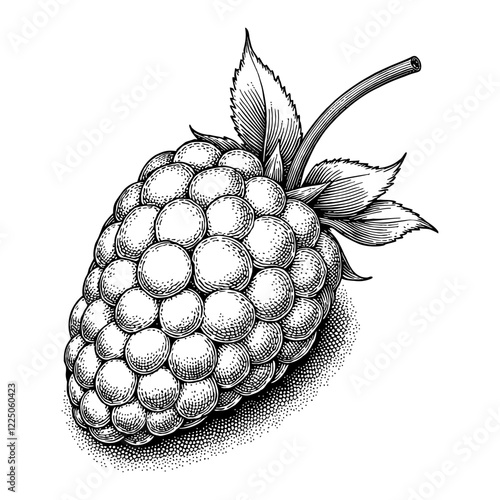 Raspberry with Leaves Detailed Black and White Outline Line Art Drawing Sketch Engraving Style