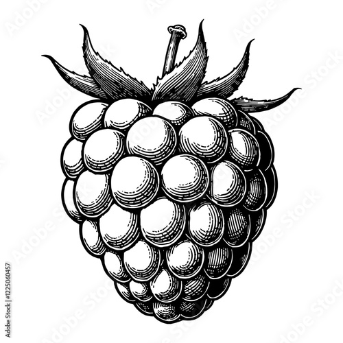 Detailed Raspberry with Leaves in Black and White Outline Line Art Drawing
