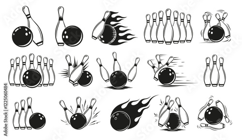Bowling skittles and ball crushing with fire flame minimalist set vector flat illustration