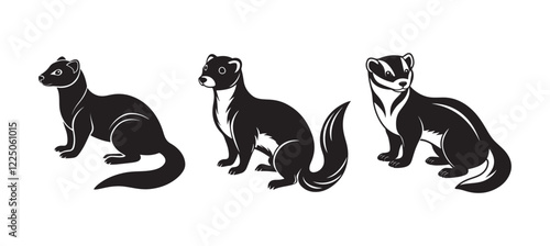 set of ferret silhouette, black and white silhouette, vector and illustration