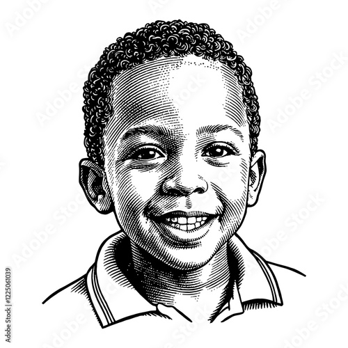 Smiling African Boy Detailed Portrait Black and White Outline Line Art Drawing