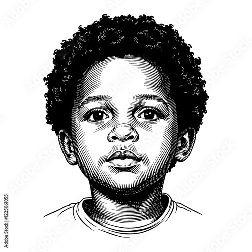 African Little Kid Portrait Front View Detailed Black and White Outline Line Art Drawing