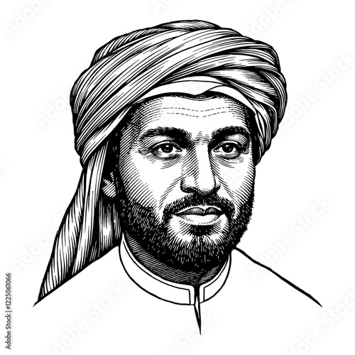 Portrait of Arabic Man with Turban Detailed Black and White Outline Line Art Drawing