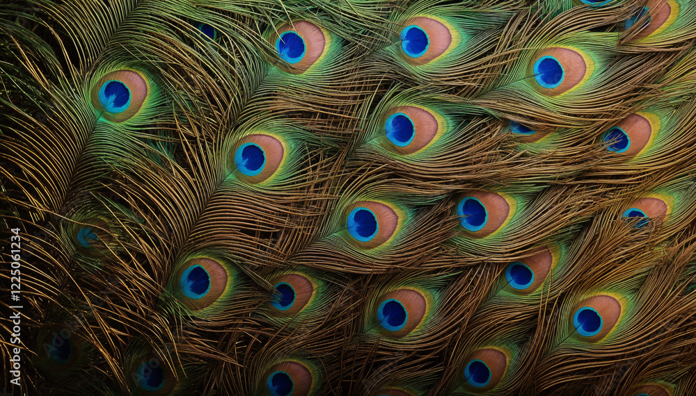 Obraz premium Many iridescent peacock feathers create beautiful overlapping patterns.