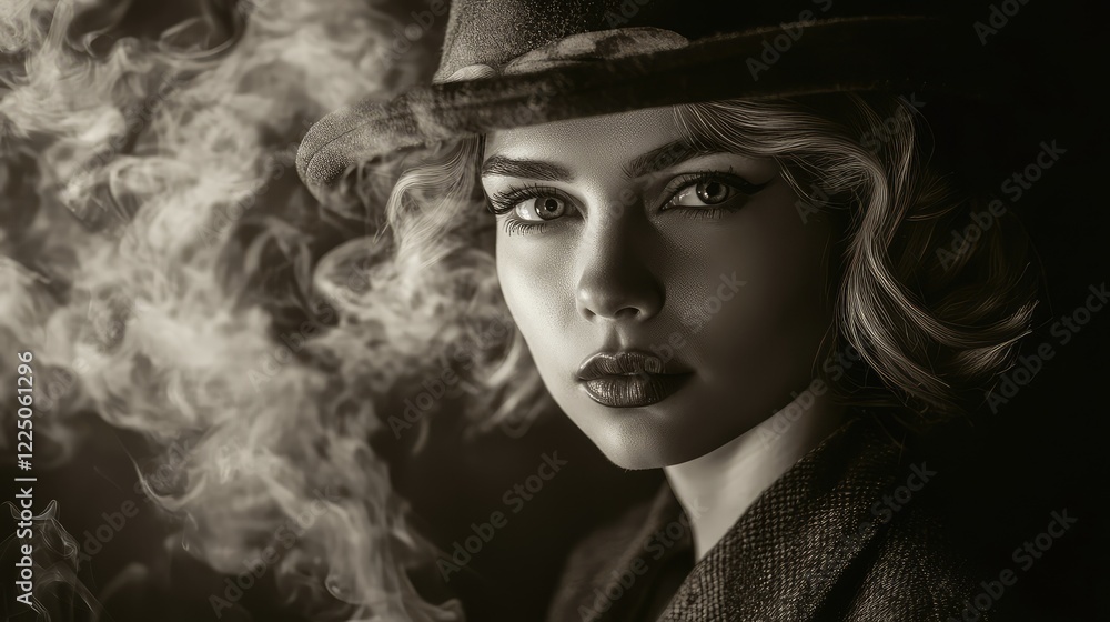 Intriguing Artistic Monochrome Portrait of a Mysterious Woman in Vintage Attire Emerging from Shadows with Dramatic Swirling Cigarette Smoke Intriguing Artistic Monochrome Portrait of a Mysterious Woman in Vintage Attire Emerging from Shadows with Dramatic Swirling Cigarette Smoke