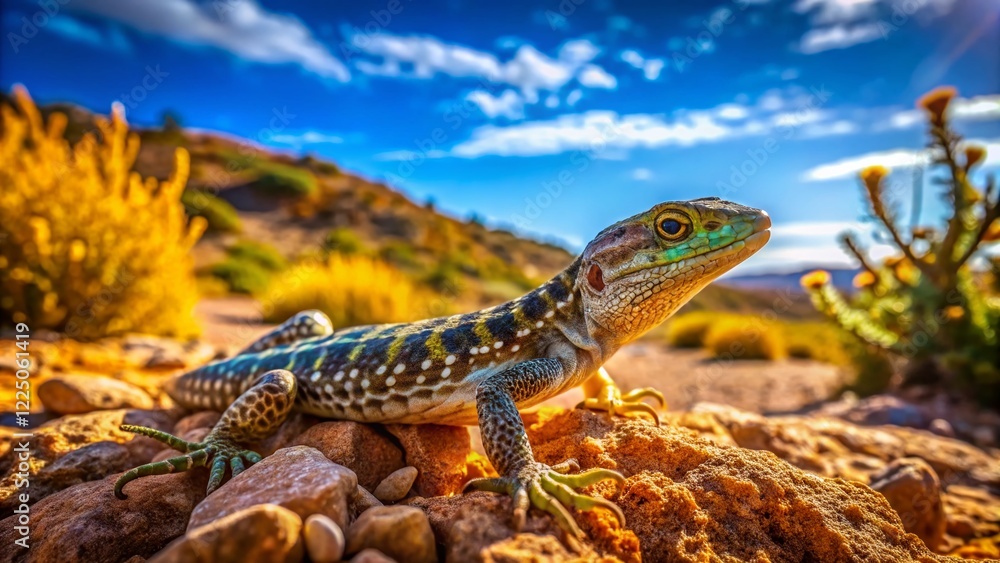 Fototapeta premium Wild Sand Lizard in Desert Habitat: Reptile Sunbathing on Rocks