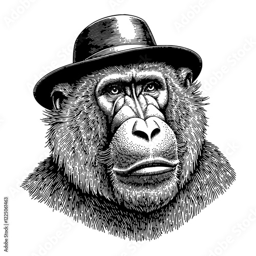 Baboon Wearing Top Hat with Detailed Face Front View Black and White Outline Line Art Drawing