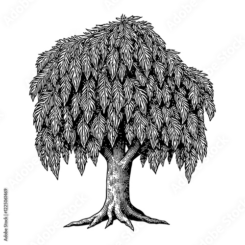 Babylon Willow Tree with Detailed Leaves Black and White Outline Line Art Drawing