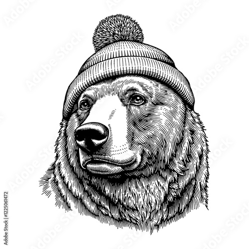 Bear Wearing Beanie Hat Detailed Black and White Outline Line Art Drawing with Vintage Style
