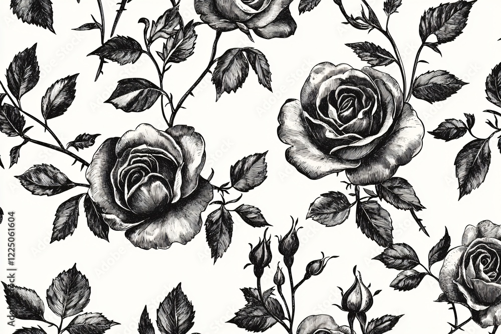 custom made wallpaper toronto digitalElegant black and white floral pattern featuring roses and buds on a light background, ideal for textile design