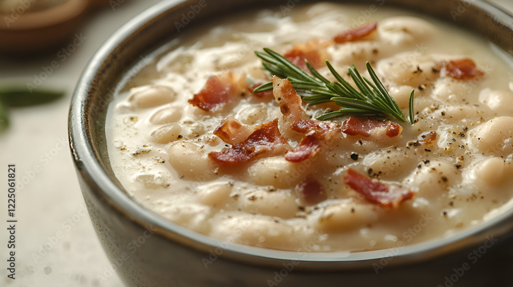 Creamy white bean soup, topped with crispy bacon bits and fresh rosemary. Creamy white bean soup, topped with crispy bacon bits and fresh rosemary.