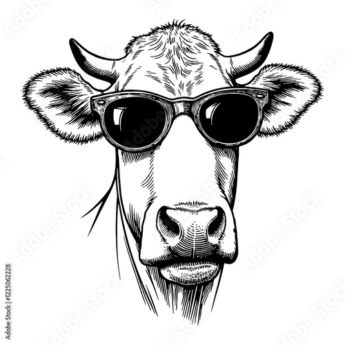 Cool Cow with Sunglasses Black and White Outline Line Art Drawing Engraved Detailed Sketch