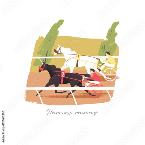 Harness racing vector illustration, two horses competing on a race track