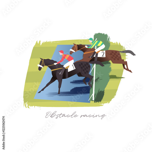 Steeple chase or obstacle race vector illustration, two horses jumping over a ditch obstacle on a race track