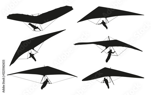 Hang gliding paragliding black silhouette extreme flying sport icon set vector flat illustration