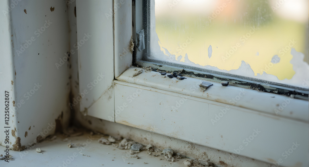 Damaged Window Frame with Pest Infestation and Paint Degradation Damaged Window Frame with Pest Infestation and Paint Degradation