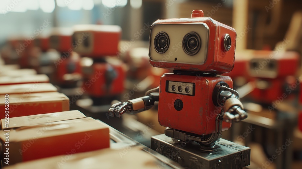 Fototapeta premium Retro red robots sort packages on a conveyor belt. Illustrates automation, robotics, and futuristic warehouse efficiency.
