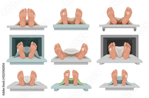 Died human legs with tag cadaver body at morgue set isometric vector illustration