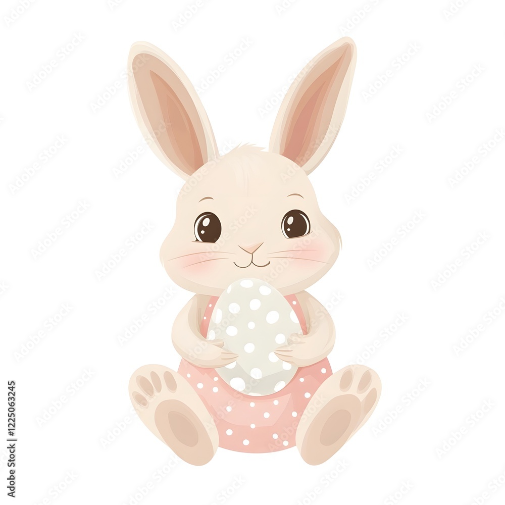 Cute Flat Vector Bunny Holding Easter Egg – Minimalist Illustration in Pink Polka Dot Dress Cute Flat Vector Bunny Holding Easter Egg – Minimalist Illustration in Pink Polka Dot Dress