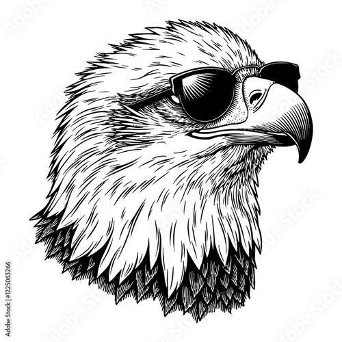Eagle with Sunglasses Detailed Head Black and White Outline Line Art Drawing Isolated