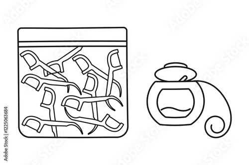 Outline of dental floss, flossers, cleaning of teeth, hygiene health, clean care, oral white, mouth tooth