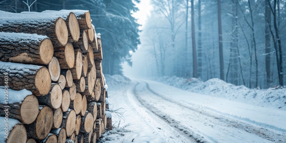 Winter Wonderland: Stacked Logs in Snowy Forest - Double Exposure Stock Photo Winter Wonderland: Stacked Logs in Snowy Forest - Double Exposure Stock Photo
