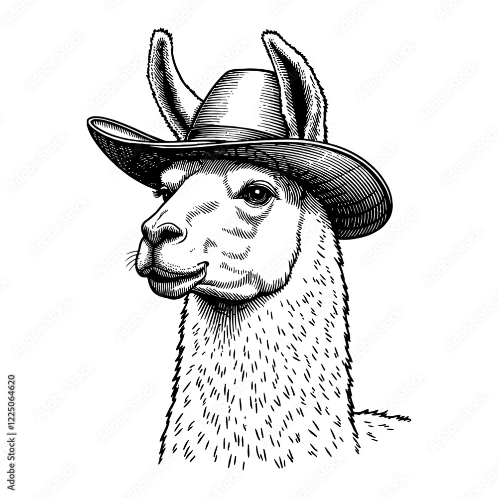 Fototapeta premium Llama Wearing Cowboy Hat Animal Portrait in Detailed Black and White Outline Line Art Drawing
