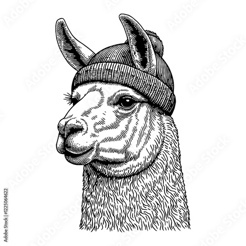 Llama Portrait with Beanie Hat in Detailed Black and White Outline Line Art Drawing