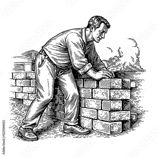Man Building Brick Wall in Detailed Black and White Outline Line Art Drawing Construction Work