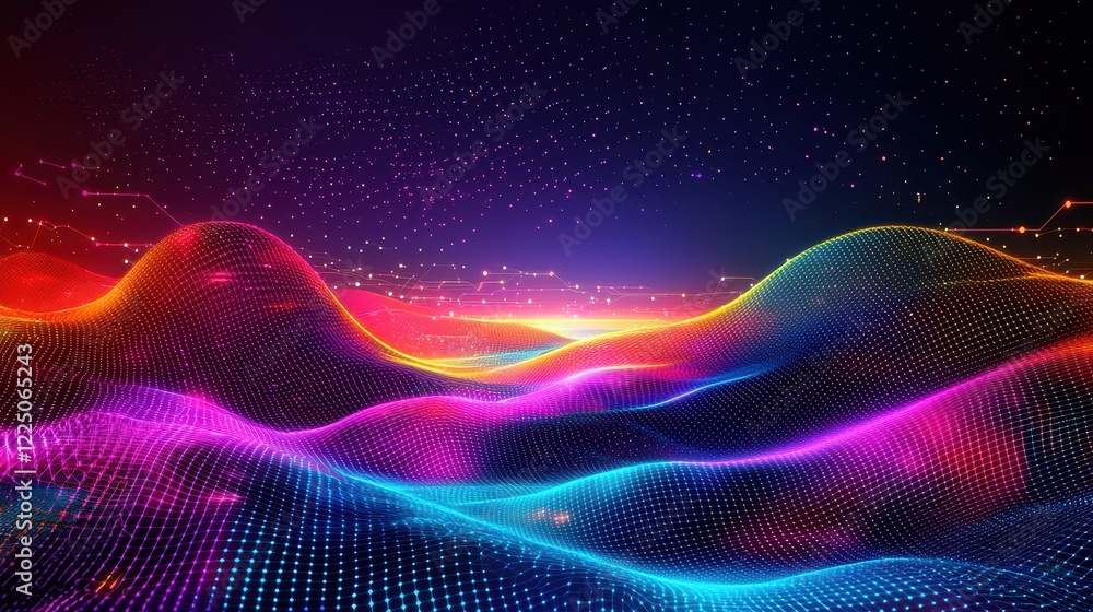 Colorful Abstract Waves of Light with Digital Particle Effects Colorful Abstract Waves of Light with Digital Particle Effects