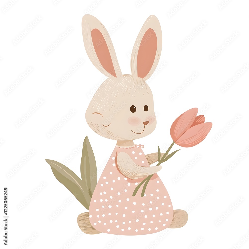 Obraz premium Cute Flat Vector Bunny Holding Pink Tulip – Minimalist Illustration in Polka Dot Dress on White Background