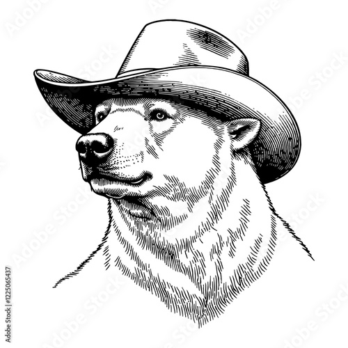 Polar Bear Wearing Cowboy Hat Detailed Black and White Outline Line Art Drawing
