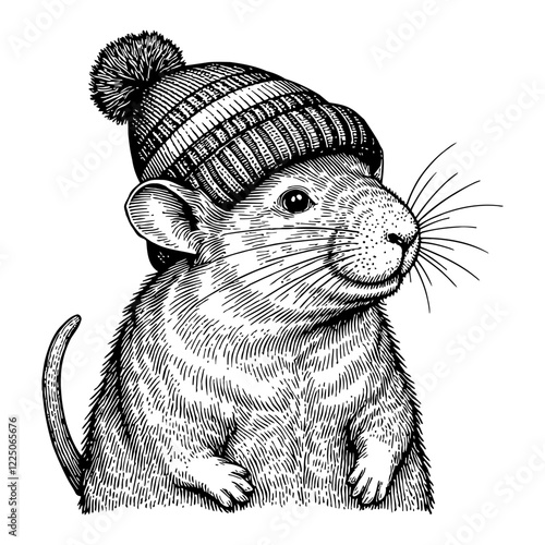 Rat Wearing Beanie Hat Detailed Black and White Outline Line Art Drawing Isolated on White