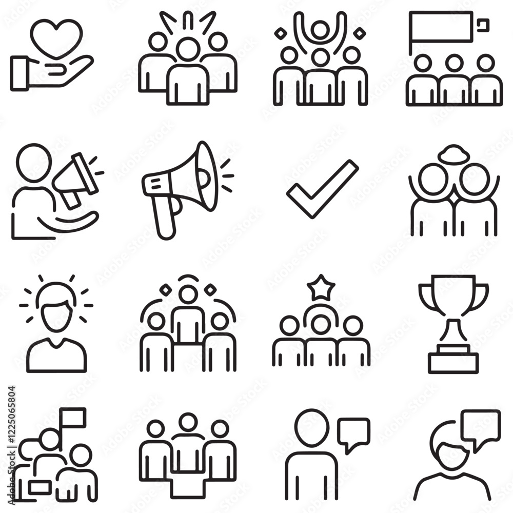 Team thin line icon set. Containing teamwork, group people, achievement, collaboration, cooperation, leadership, meeting, management, togetherness, organization. Vector illustration Team thin line icon set. Containing teamwork, group people, achievement, collaboration, cooperation, leadership, meeting, management, togetherness, organization. Vector illustration