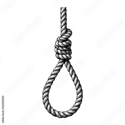 Rope Noose Hanging in Detailed Black and White Outline Line Art Drawing isolated on white