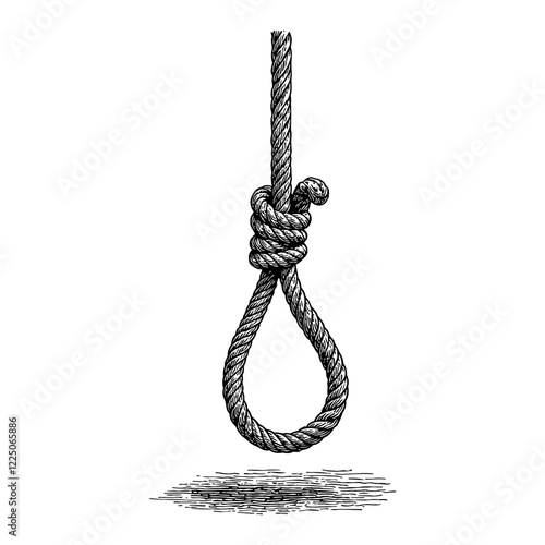 Hanging Rope Noose Knot Isolated in Detailed Black and White Outline Line Art Drawing