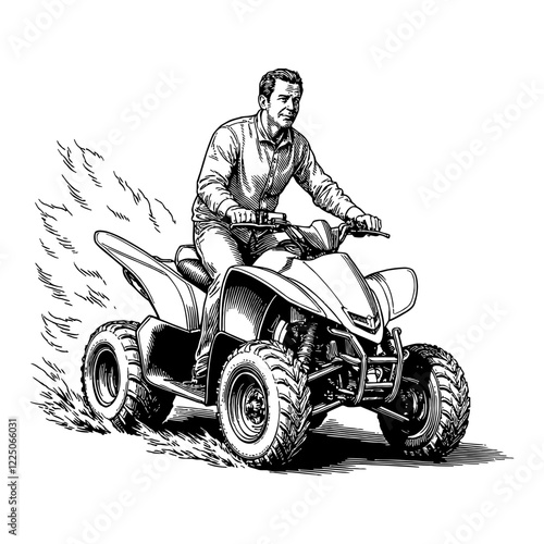 Man Riding Quad Bike in Simple Black and White Outline Line Art Drawing Engrave Style