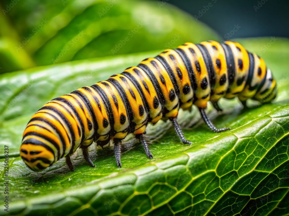 Yellow and Black Striped Caterpillar on Green Leaf - Close-up Stock Photo Yellow and Black Striped Caterpillar on Green Leaf - Close-up Stock Photo
