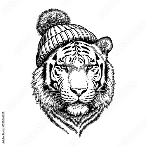 Tiger Face Wearing Beanie Hat Detailed Black and White Outline Line Art Drawing