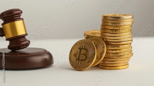 Bitcoin Coins Stacked Next to a Gavel on Light Background photo